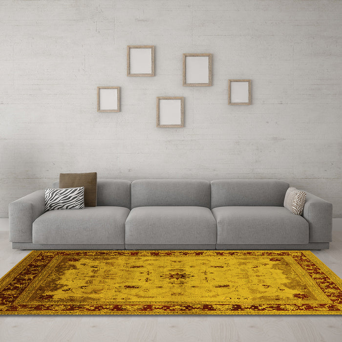 Machine Washable Oriental Yellow Traditional Rug in a Living Room, wshurb2943yw