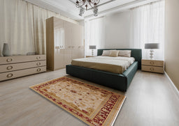 Mid-Century Modern Mahogany Brown Oriental Rug in a Bedroom, urb2943
