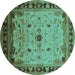 Round Machine Washable Oriental Turquoise Traditional Area Rugs, wshurb2943turq