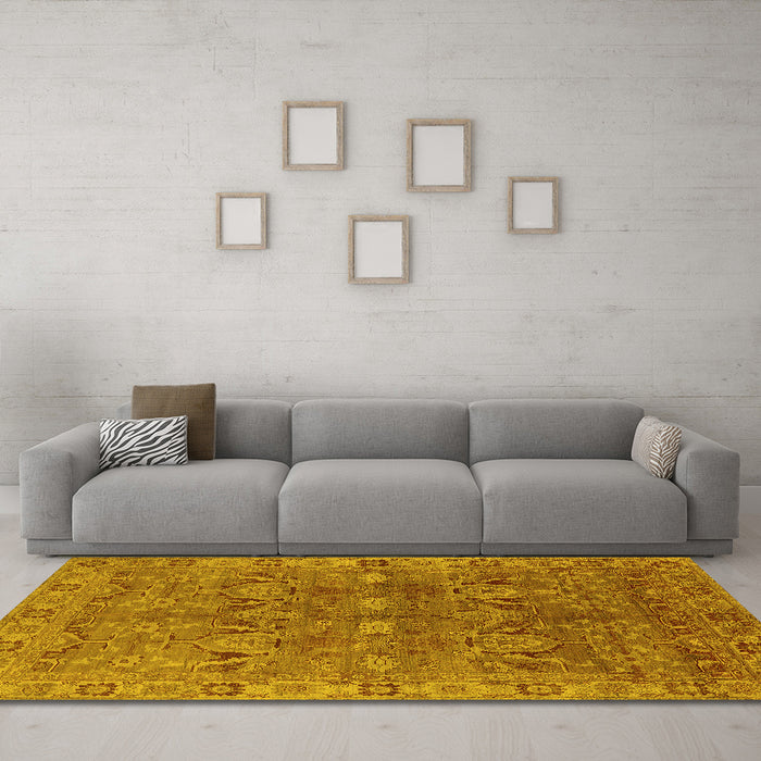 Machine Washable Oriental Yellow Traditional Rug in a Living Room, wshurb2945yw