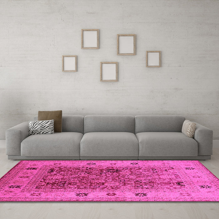 Machine Washable Oriental Pink Traditional Rug in a Living Room, wshurb2947pnk