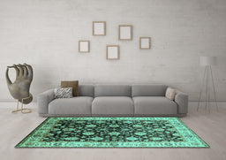 Machine Washable Oriental Turquoise Traditional Area Rugs in a Living Room,, wshurb2949turq