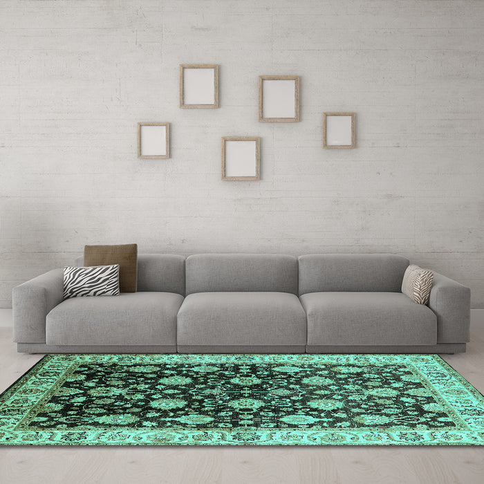 Machine Washable Oriental Turquoise Traditional Area Rugs in a Living Room,, wshurb2949turq