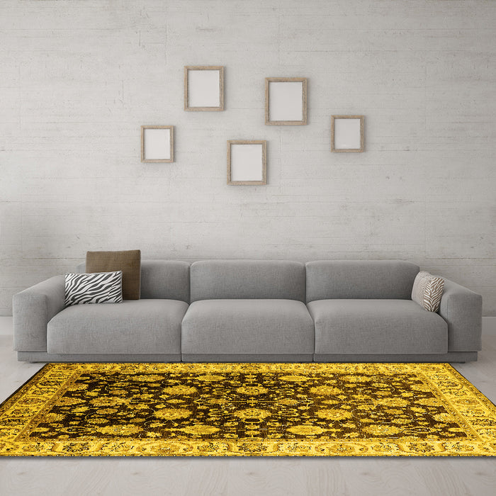 Machine Washable Oriental Yellow Traditional Rug in a Living Room, wshurb2949yw