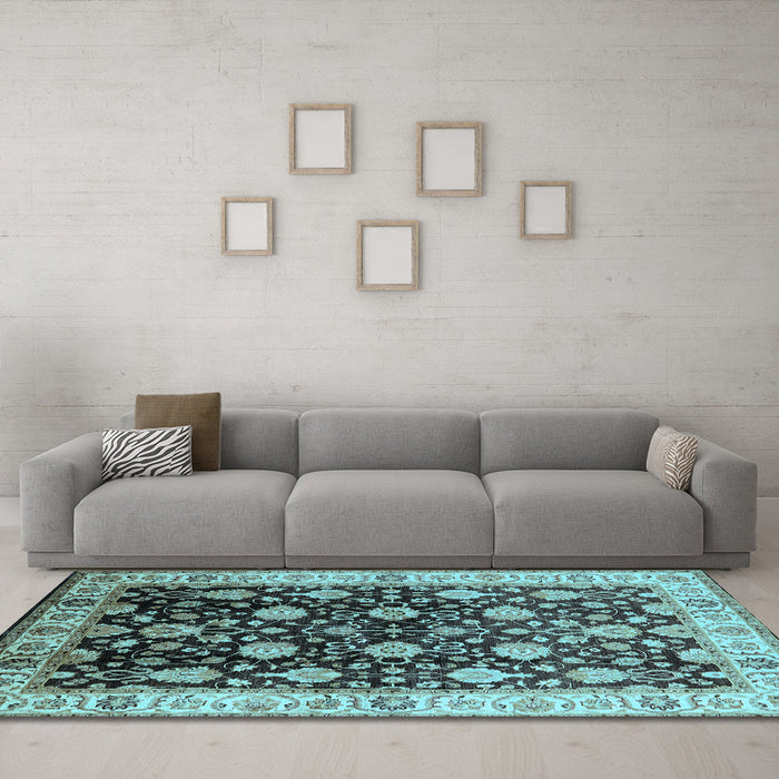 Machine Washable Oriental Light Blue Traditional Rug in a Living Room, wshurb2949lblu