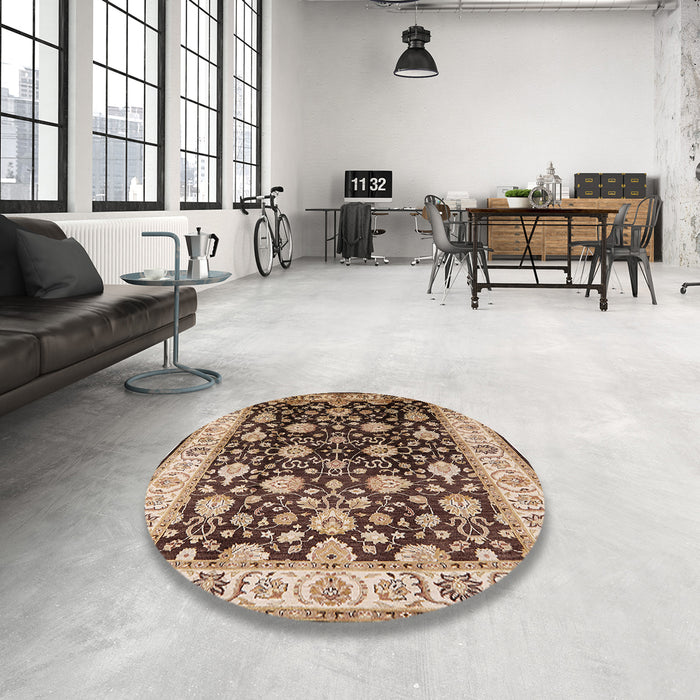 Round Mid-Century Modern Red Brown Oriental Rug in a Office, urb2949