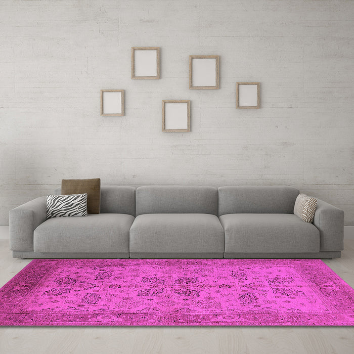 Machine Washable Oriental Pink Traditional Rug in a Living Room, wshurb2951pnk