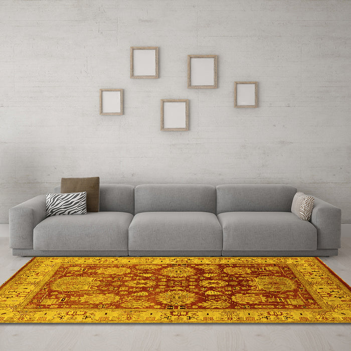 Machine Washable Oriental Yellow Traditional Rug in a Living Room, wshurb2952yw