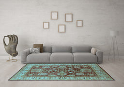 Machine Washable Oriental Light Blue Traditional Rug in a Living Room, wshurb2952lblu