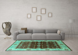 Machine Washable Oriental Turquoise Traditional Area Rugs in a Living Room,, wshurb2953turq