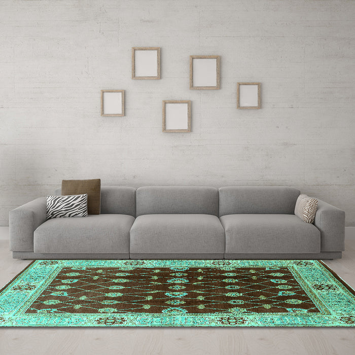 Machine Washable Oriental Turquoise Traditional Area Rugs in a Living Room,, wshurb2953turq