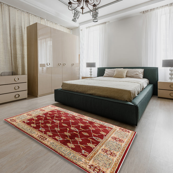 Mid-Century Modern Red Oriental Rug in a Bedroom, urb2953
