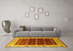 Machine Washable Oriental Yellow Traditional Rug in a Living Room, wshurb2953yw