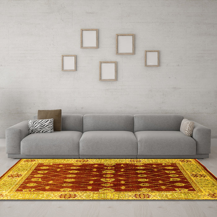 Machine Washable Oriental Yellow Traditional Rug in a Living Room, wshurb2953yw