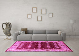 Machine Washable Oriental Pink Traditional Rug in a Living Room, wshurb2953pnk