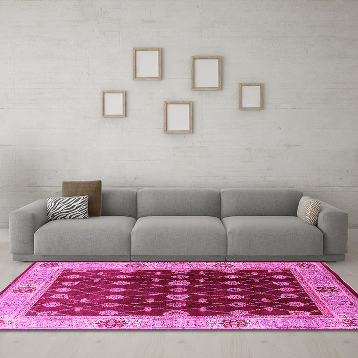 Machine Washable Oriental Pink Traditional Rug in a Living Room, wshurb2953pnk