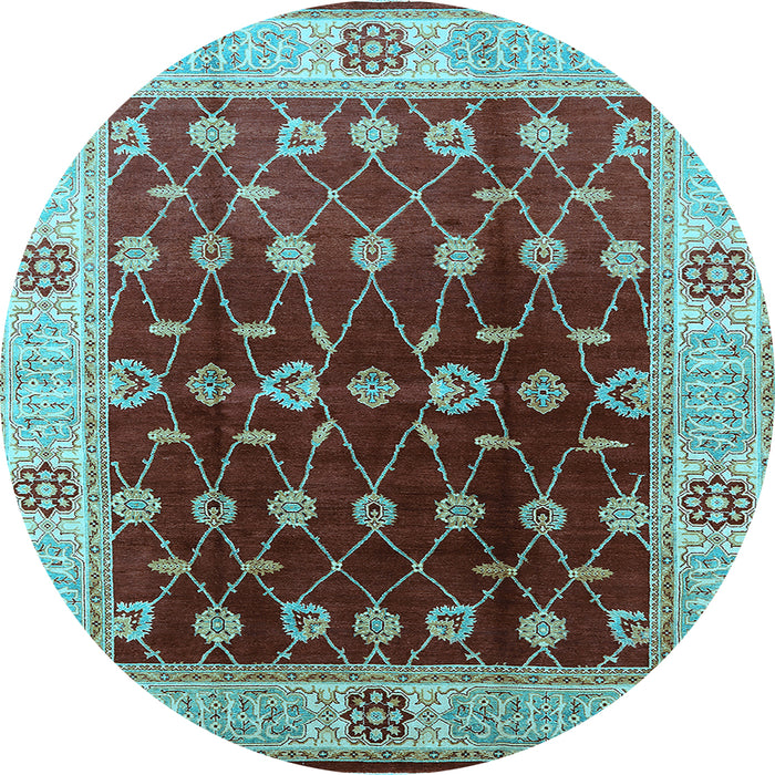Round Machine Washable Oriental Light Blue Traditional Rug, wshurb2953lblu