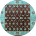 Round Machine Washable Oriental Light Blue Traditional Rug, wshurb2953lblu