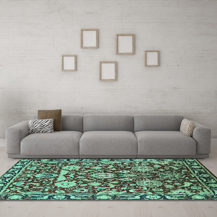 Machine Washable Oriental Turquoise Industrial Area Rugs in a Living Room,, wshurb2958turq
