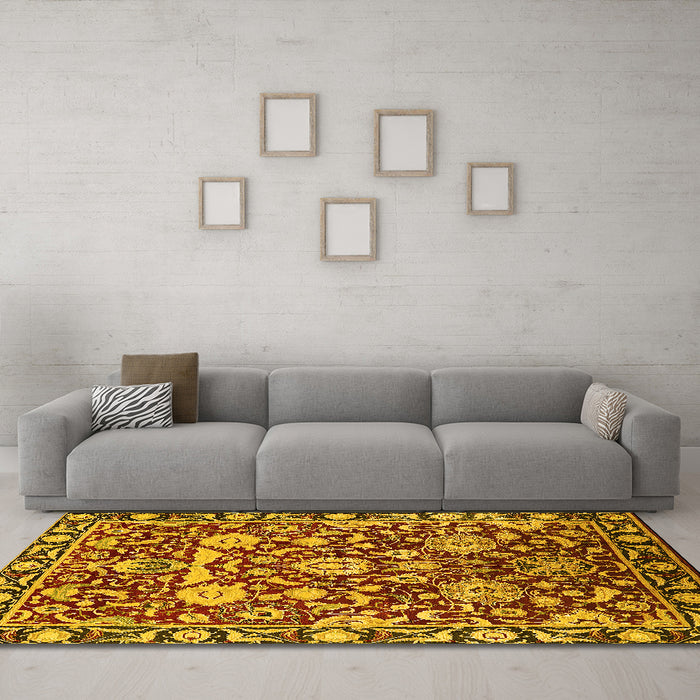 Machine Washable Oriental Yellow Industrial Rug in a Living Room, wshurb2958yw