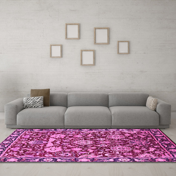Machine Washable Oriental Pink Industrial Rug in a Living Room, wshurb2958pnk