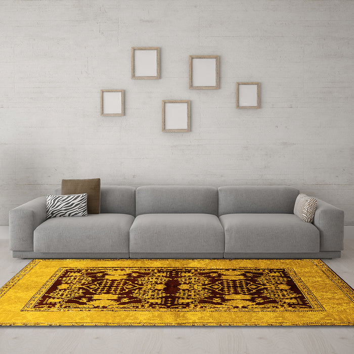 Machine Washable Oriental Yellow Industrial Rug in a Living Room, wshurb2960yw
