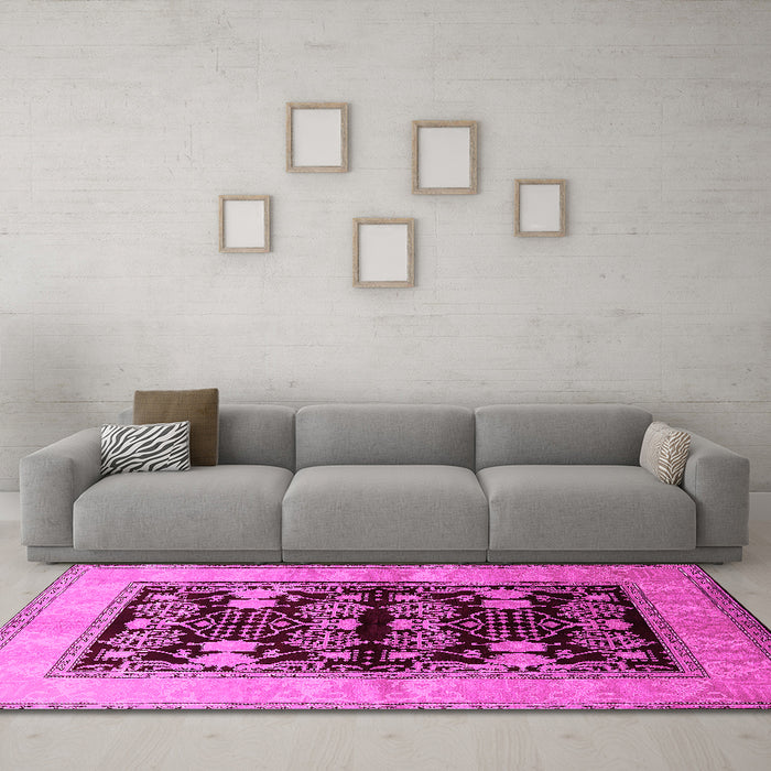 Machine Washable Oriental Pink Industrial Rug in a Living Room, wshurb2960pnk