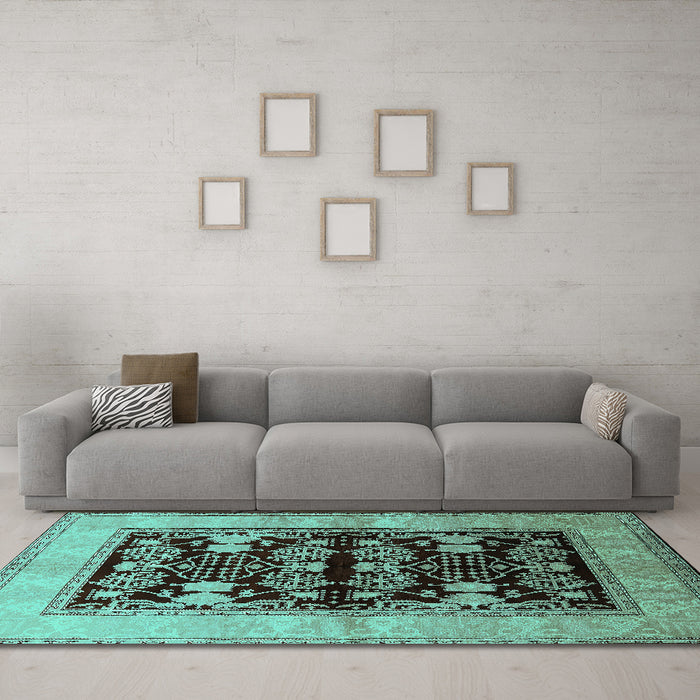 Machine Washable Oriental Turquoise Industrial Area Rugs in a Living Room,, wshurb2960turq