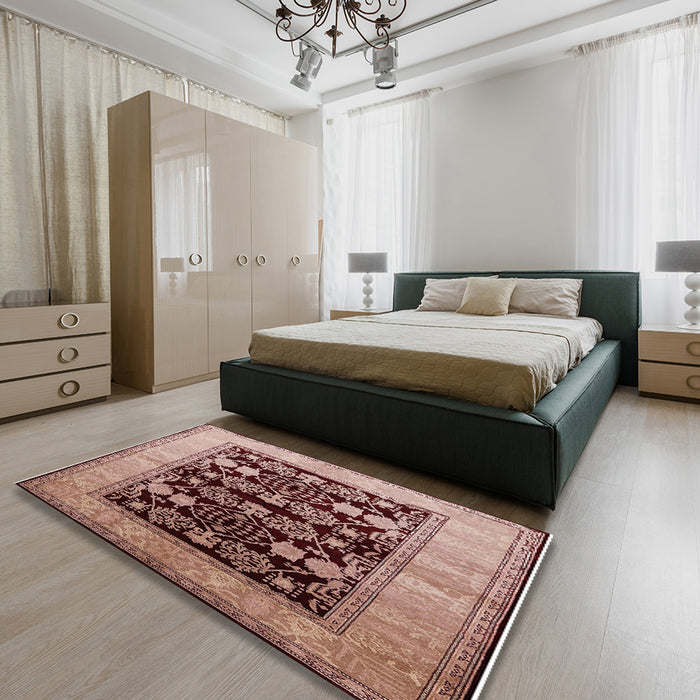 Mid-Century Modern Dark Salmon Pink Oriental Rug in a Bedroom, urb2960