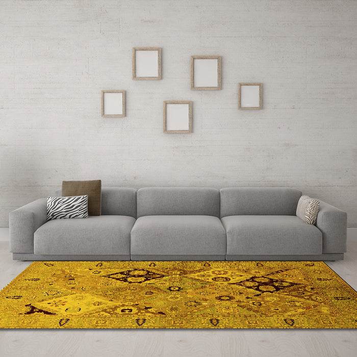 Machine Washable Oriental Yellow Industrial Rug in a Living Room, wshurb2961yw