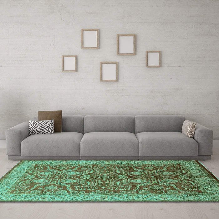 Machine Washable Oriental Turquoise Industrial Area Rugs in a Living Room,, wshurb2962turq