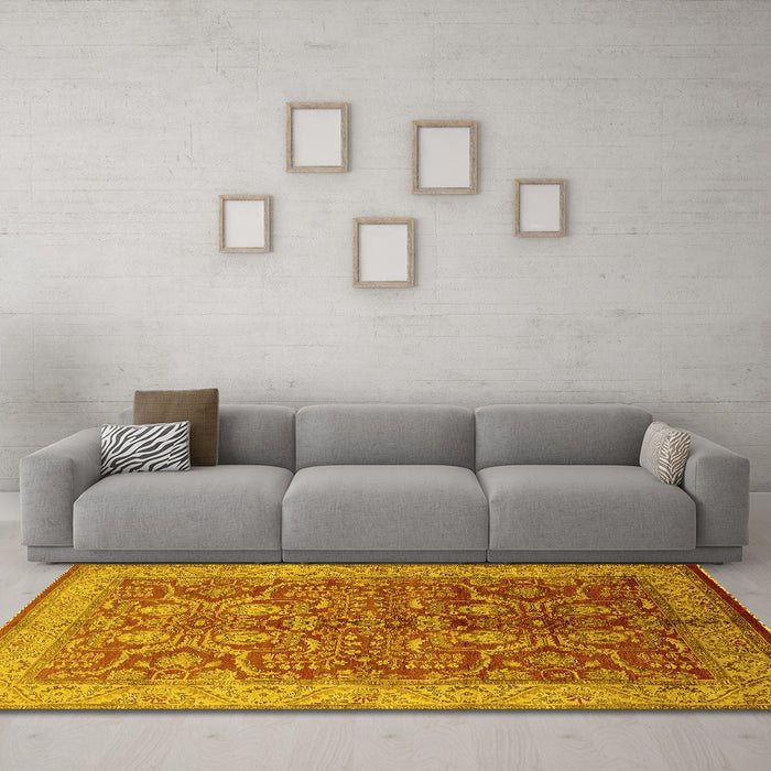 Machine Washable Oriental Yellow Industrial Rug in a Living Room, wshurb2962yw