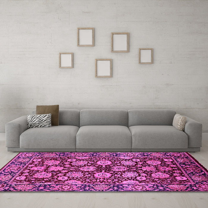 Machine Washable Oriental Pink Industrial Rug in a Living Room, wshurb2966pnk