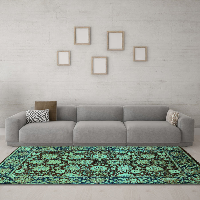 Machine Washable Oriental Turquoise Industrial Area Rugs in a Living Room,, wshurb2966turq