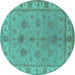 Round Machine Washable Oriental Turquoise Industrial Area Rugs, wshurb2967turq