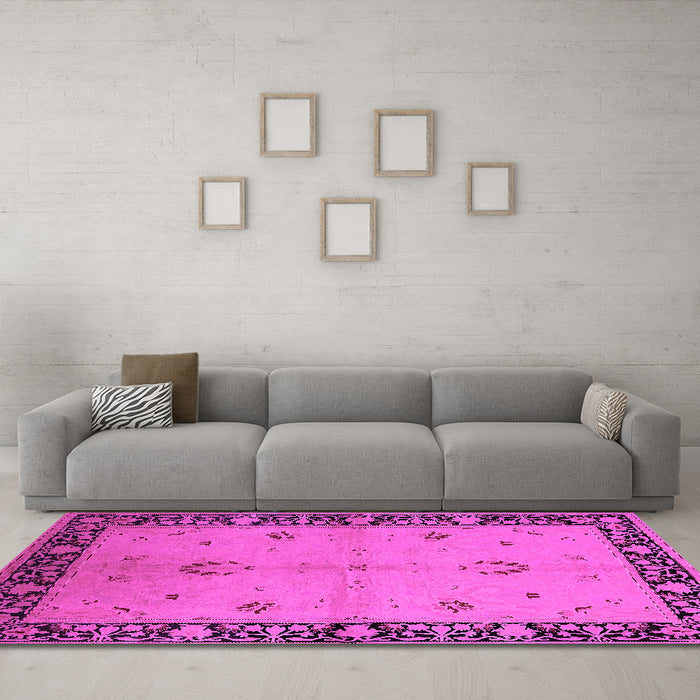 Machine Washable Oriental Pink Industrial Rug in a Living Room, wshurb2969pnk