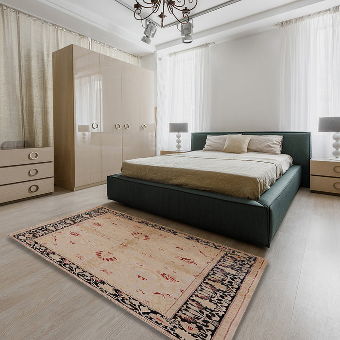 Mid-Century Modern Sienna Brown Oriental Rug in a Bedroom, urb2969