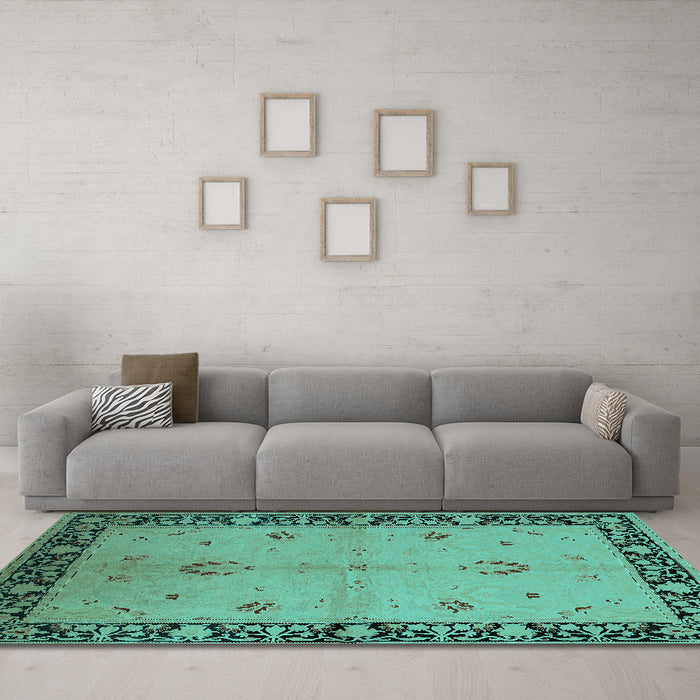 Machine Washable Oriental Turquoise Industrial Area Rugs in a Living Room,, wshurb2969turq