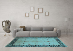 Machine Washable Oriental Light Blue Industrial Rug in a Living Room, wshurb2969lblu