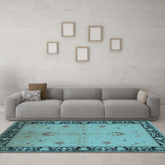 Machine Washable Oriental Light Blue Industrial Rug in a Living Room, wshurb2969lblu