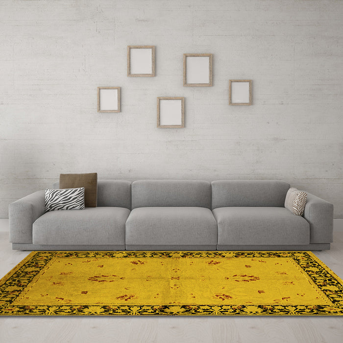 Machine Washable Oriental Yellow Industrial Rug in a Living Room, wshurb2969yw