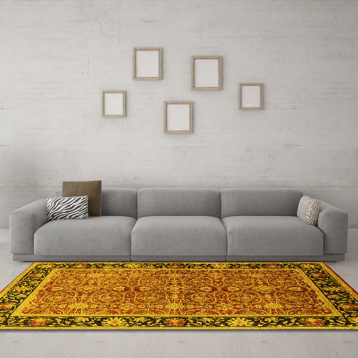 Machine Washable Oriental Yellow Industrial Rug in a Living Room, wshurb2970yw