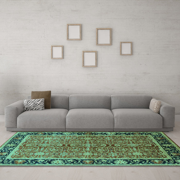 Machine Washable Oriental Turquoise Industrial Area Rugs in a Living Room,, wshurb2970turq