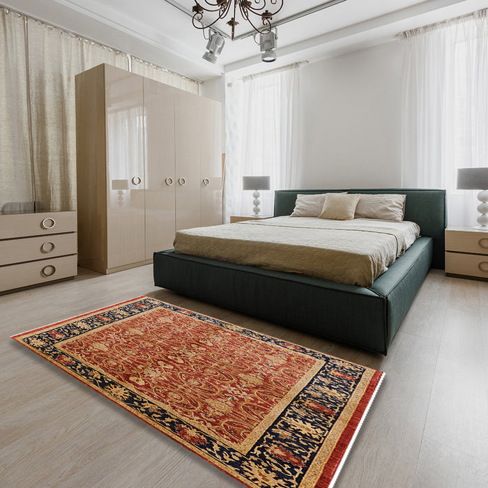 Mid-Century Modern Brown Sand Brown Oriental Rug in a Bedroom, urb2970