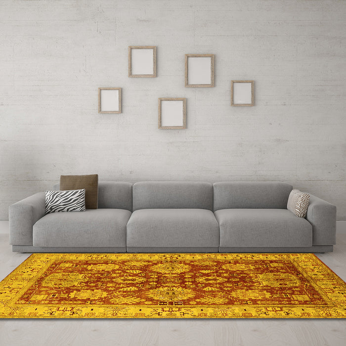 Machine Washable Oriental Yellow Industrial Rug in a Living Room, wshurb2971yw