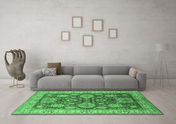 Machine Washable Oriental Emerald Green Industrial Area Rugs in a Living Room,, wshurb2971emgrn