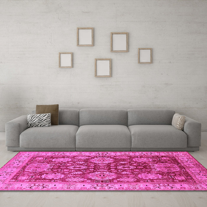Machine Washable Oriental Pink Industrial Rug in a Living Room, wshurb2971pnk