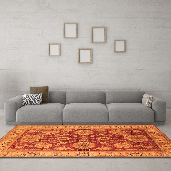 Machine Washable Oriental Orange Industrial Area Rugs in a Living Room, wshurb2971org