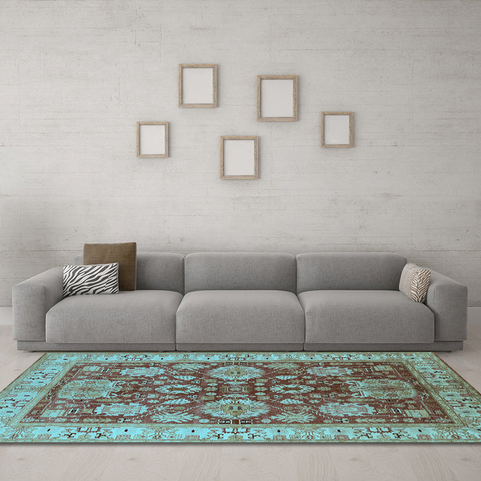 Machine Washable Oriental Light Blue Industrial Rug in a Living Room, wshurb2971lblu