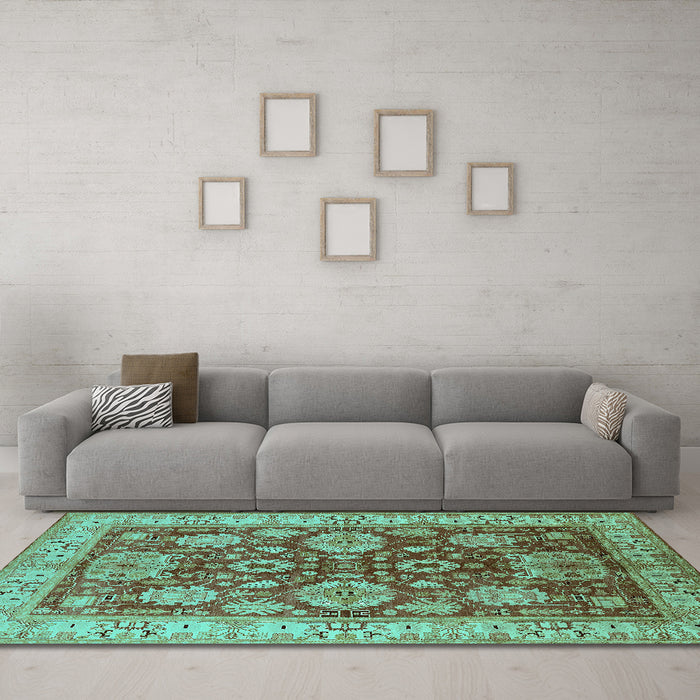 Machine Washable Oriental Turquoise Industrial Area Rugs in a Living Room,, wshurb2971turq